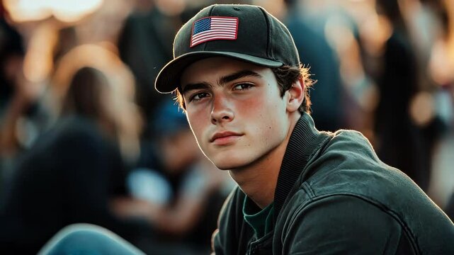 Young man in baseball cap, outdoors, pensive expression