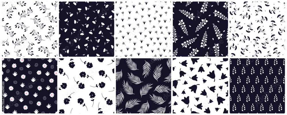 Poster collection of vector elegant floral seamless patterns. drawing repeatable spring nature beautiful fa