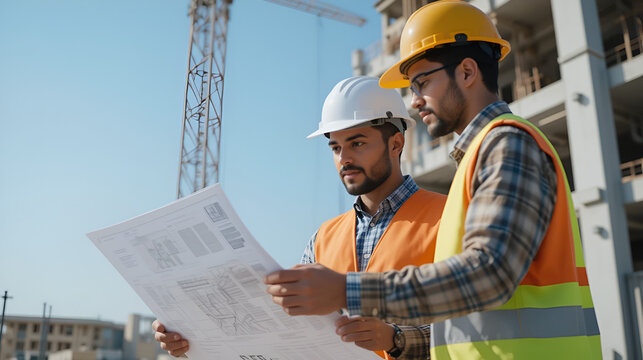 Tracking shot of bicultural male engineers wearing hardhats inspecting blueprint while working on construction site