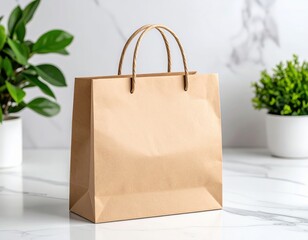 Simple Kraft Paper Bag on Marble Surface with Potted Plants Backdrop