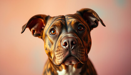 Close-up portrait of a brindle Pit Bull Terrier dog looking directly at the camera against a soft pink background.
