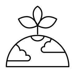 Planet with clouds and leaf plant thin line icon, cosmos concept. Vector graphics. Inhabited planet with leaves, ecology sign on white background, style mobile or design.