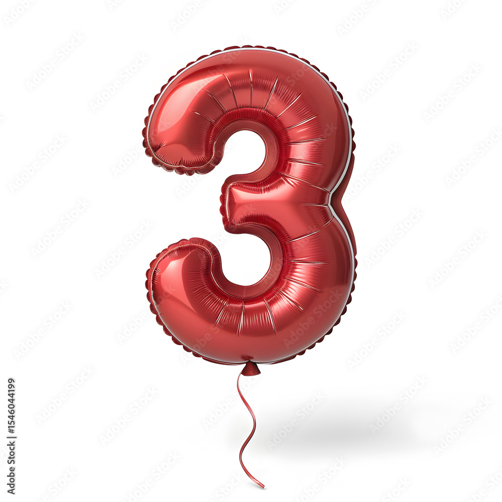 Fototapete a balloon shaped like the number 3,glossy red metallic finish with realistic reflections and smooth 