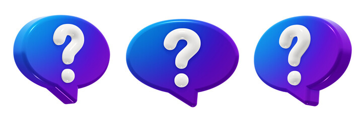 Modern oval question mark speech bubble with a smooth blue-to-purple gradient. 3D render icon element, isolated. Includes three angles of the same shape.