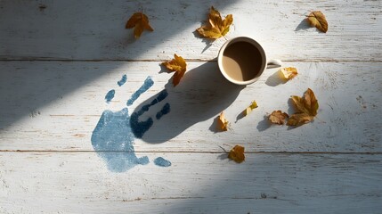 Enlightened nostalgic scene featuring a blue handprint, sunlit wooden floor, coffee moment and leaves to evoke childhood memories and serene home life details