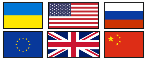 Vector illustration of main world flags set including Ukraine, United States, China, European Union, United Kingdom and Russia in original proportions isolated on white background in frames