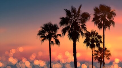 Obraz premium Magical Sunset Vision: Five Elegant Palm Tree Silhouettes with Delicate Bokeh and Intricate Horizon Details Inspiring Romantic Serenity