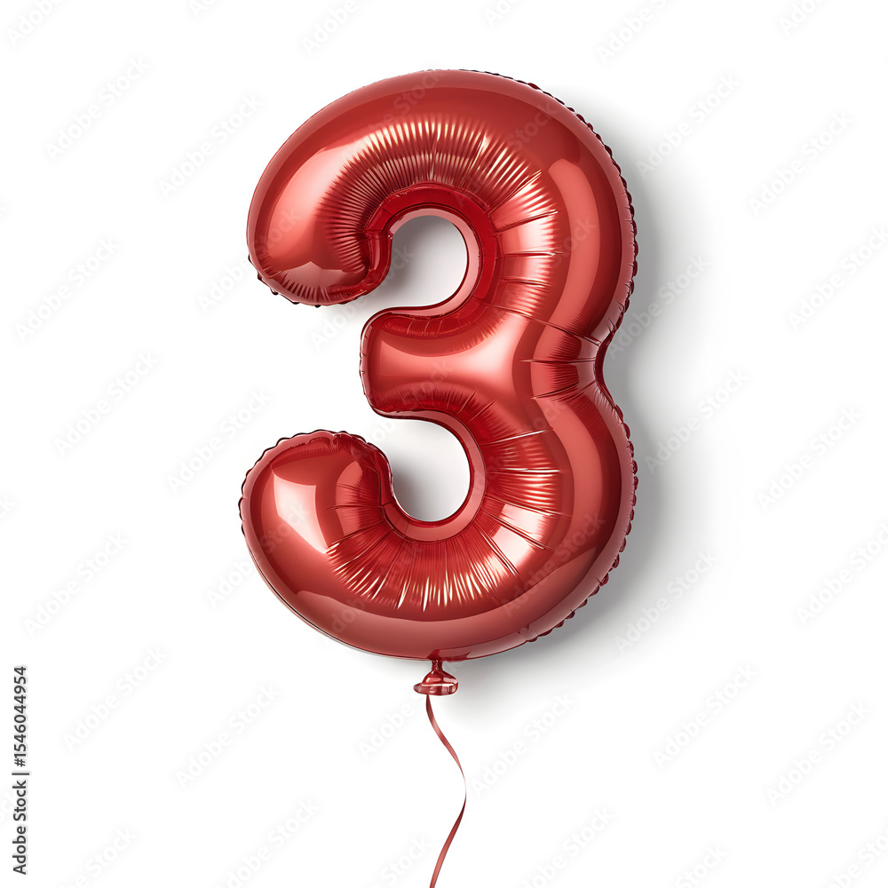 Fototapete a balloon shaped like the number 3,glossy red metallic finish with realistic reflections and smooth 