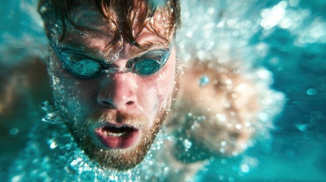An intense underwater shot of a swimmer in motion, capturing the raw energy and determination of the sport amid a sea of bubbles and sparkling water, emphasizing athleticism.