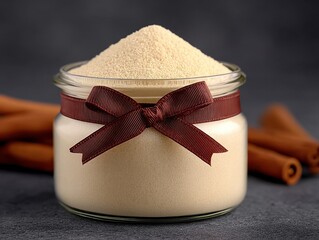 Glass jar filled with light brown sugar and tied with a brown ribbon amid cinnamon sticks conveying the essence of baking and culinary delights for homemade recipes and festive treats