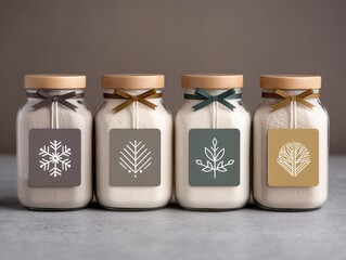 Beautifully arranged glass jars showcasing pastel colored labels with intricate nature designs on a neutral backdrop creating an aesthetic appeal in a modern kitchen setting emphasizing cozy