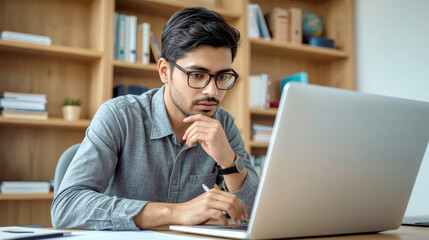 Young serious indian professional business man, focused ethnic male student wearing glasses working on laptop, remote studying using computer looking at screen watching seminar webinar