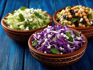 Freshly prepared colorful salads featuring crunchy vegetables and herbs arranged in rustic bowls on a wooden table highlighting vibrant flavors and healthy lifestyle choices