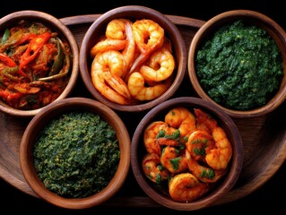 Five Varieties of Shrimp Dishes in Wooden Bowls with Rich Green Sauces and Spicy Vegetable Stew Capturing the Essence of Culinary Diversity and Flavorful Traditional Cuisine