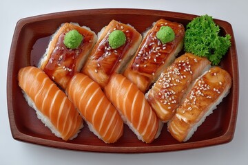 Sushi platter with fresh salmon varieties beautifully arranged on a wooden tray alongside vibrant green wasabi and sesame toppings highlighting culinary artistry and flavor diversity