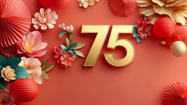 Gold 75th anniversary number with paper flowers and lanterns