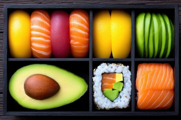 Indulging in a delectable assortment of sushi artfully arranged in a black bento box featuring vibrant colors including yellow salmon pink and fresh avocado making it visually stunning and