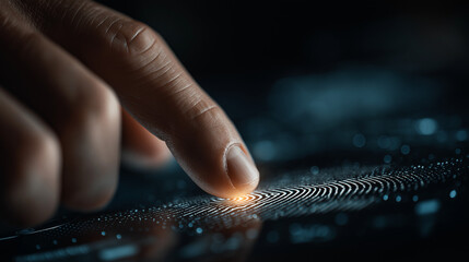 Touch of Technology: A close-up shot captures a fingertip delicately interacting with a futuristic digital interface, showcasing the seamless integration of human touch and advanced technology. 