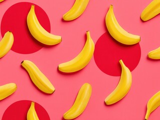 Yellow bananas arranged artistically on a bright pink backdrop featuring round red shapes capturing a playful and vibrant composition in fresh modern minimalistic styling