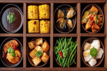 Gourmet Asian fusion meal featuring grilled corn, savory seafood, and vibrant vegetables presented in an elegant wooden bento box highlighting the art of culinary presentation