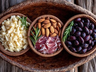 Gourmet cheese, savory prosciutto, and flavorful olives paired with roasted almonds create a delightful spread on rustic wooden table captured with clarity