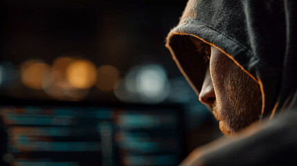Lone Vigil: A hooded figure immersed in the digital world, lost in thought, as they scrutinize glowing screens, bathed in a dramatic, cinematic lighting and an ambiance of focused concentration.