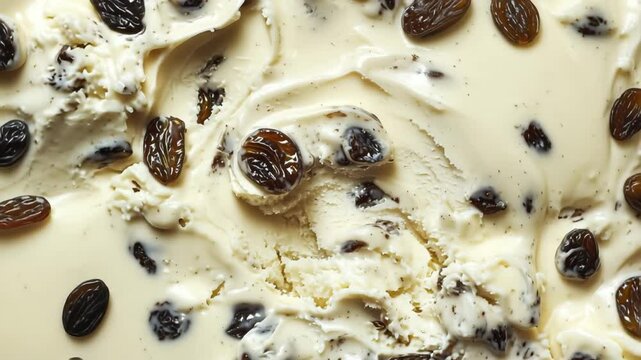 Creamy rum and raisin ice cream texture close up, top view
