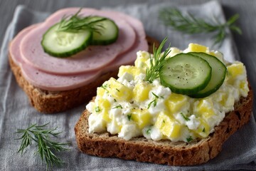 Delicious open-faced sandwich with creamy cottage cheese, fresh diced pineapple, and crunchy cucumber garnished with dill served on whole grain bread, a delightful and healthy snack option
