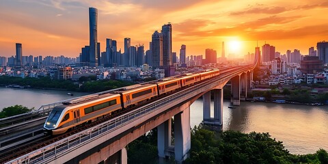 Stunning Sunset Cityscape HighSpeed Train Crossing Bridge