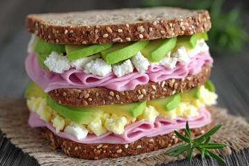 Delicious multi-layered sandwich featuring whole grain bread, fresh vegetables, creamy cheese, and savory deli meat beautifully arranged for an inviting culinary setting highlighting flavors