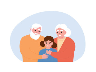Granny hugs granddaughter. People of different generations together. Vector flat graphics.