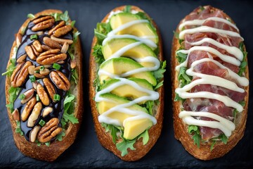 Delicious open-faced sandwiches adorned with fresh ingredients featuring creamy avocado, savory prosciutto, and crunchy pecans on a rustic wooden board full of flavor and texture