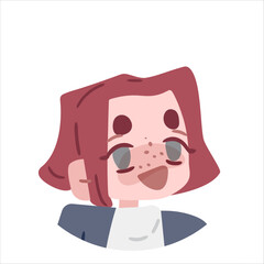 Cartoon Avatar with Freckles and Smile. Cartoon flat avatar of a smiling character with short red hair, freckles, and grey eyes. Rounded face, expressive style, isolated on white background.
