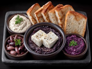 Indulgent platter featuring creamy hummus, flavorful bean dip, savory feta cheese, assorted olives, and artisan bread toast arranged on a sleek stone plate presenting a gourmet experience