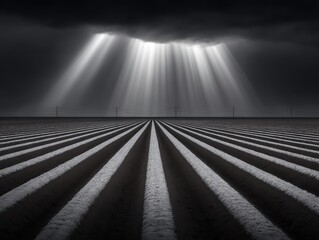 Dramatic illumination breaks through dark clouds over expansive agricultural fields showcasing contrasting shadows and textures highlighting the dynamic beauty of nature's artistry