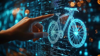 Hand interacts with a digital bicycle design on a futuristic screen. - Powered by Adobe