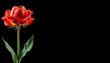 A vibrant red rose with green leaves against a black background. The flower is fully bloomed, showcasing its delicate petals and natural beauty.