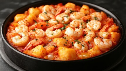 Delicious Shrimp and Potato Stew in Black Bowl
