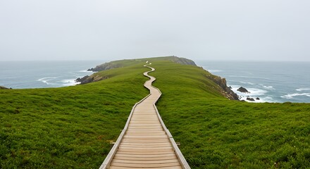 Wooden boardwalk winding along coastal cliffs, leading to a distant island, under a misty sky.