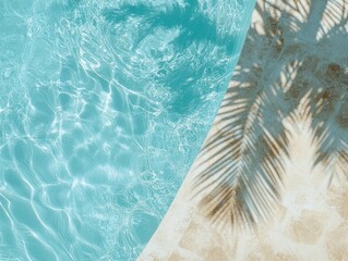 high definition visual of Top down view of a swimming pool background with a water ring and palm shadow visible on the travertine stone perfect for copy space images high detail 8k
