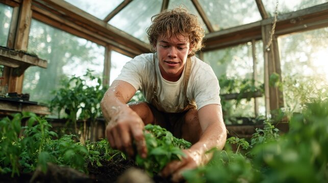 A focused young man in a greenhouse tends to vibrant plants, showcasing his connection to nature and dedication to gardening, amidst a backdrop of lush greenery and sunlight.
