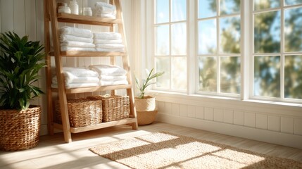 A bright bathroom with neatly stacked towels and sunshine streaming through the windows creates a refreshing atmosphere perfect for relaxation and self-care in everyday settings.