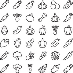Collection of Line Art Vegetable Icons Carrots, Garlic, Peppers, and More