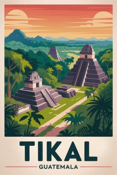 Vintage Travel Poster of Mayan Pyramids in Jungle Landscape, Tikal, Guatemala

