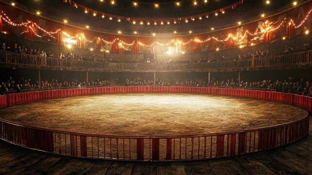 A vintage circus arena awaits the show, filled with anticipation.