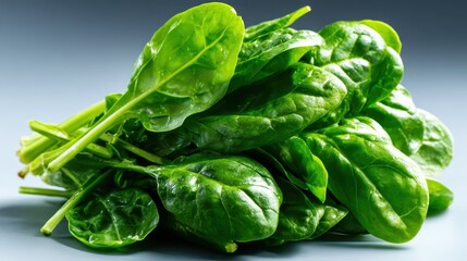 A crisp, detailed view of freshly harvested spinach leaves resting on a neutral background, emphasizing their vibrant green color and healthful appeal in the composition.