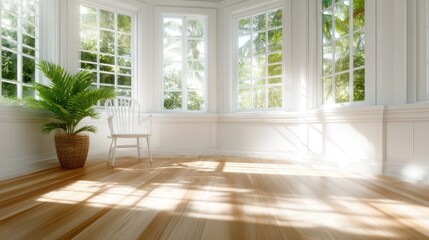 A cozy, sunlit room with large windows and a green potted plant creates a warm ambiance that invites relaxation and comfort in a home or artistic setting.
