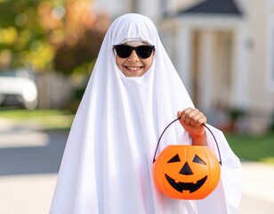 Smiling Ghost Child with Sunglasses and Pumpkin Bucket on Halloween Day