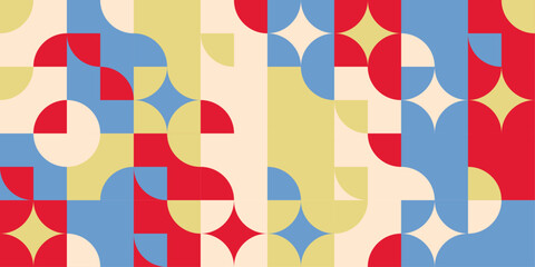 Abstract background with red, blue and yellow circles and stars