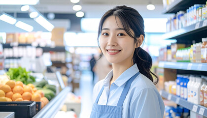 笑顔の日本人スーパー店員 – 明るく清潔な売り場に立つ若い女性スタッフ
Friendly Japanese Supermarket Clerk – Smiling Young Woman in Clean Store Aisle
